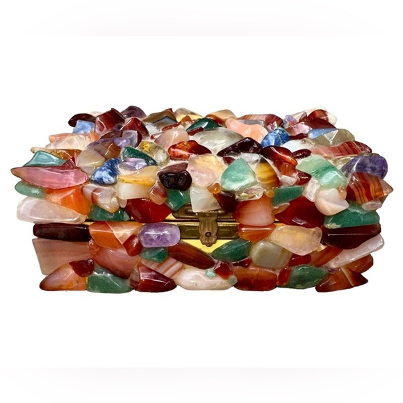Colored Gemstones on Wooden Trinket Box with A Red Lined Interior Jewelry Box